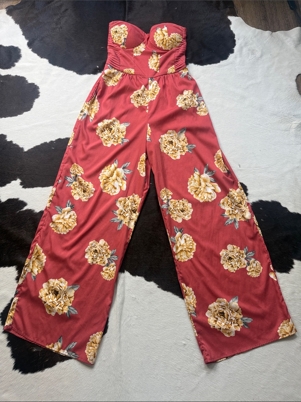 Band of Gypsies Strapless Floral Wide-Leg Jumpsuit — Orange with Yellow Flowers